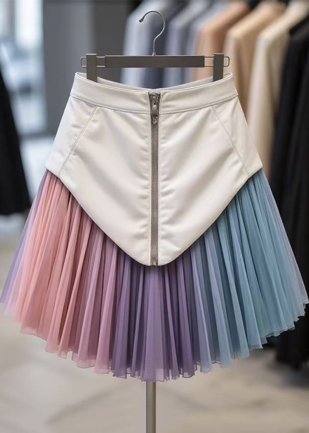 Unique Multicolor Zippered Tulle Patchwork Faux Leather Skirt Spring