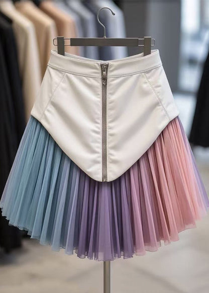 Unique Multicolor Zippered Tulle Patchwork Faux Leather Skirt Spring