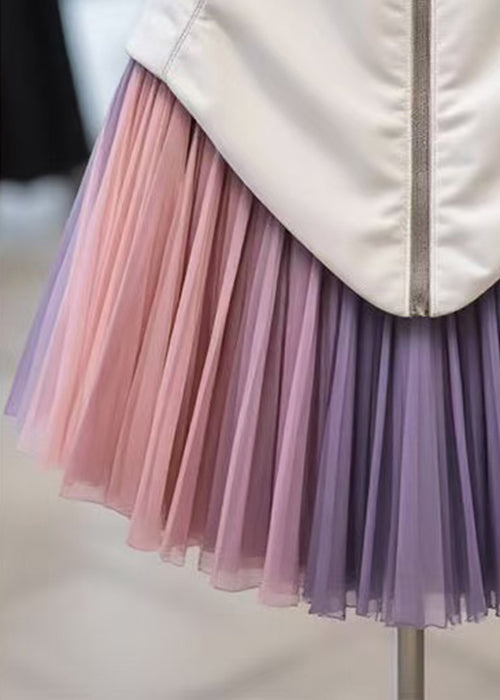 Unique Multicolor Zippered Tulle Patchwork Faux Leather Skirt Spring