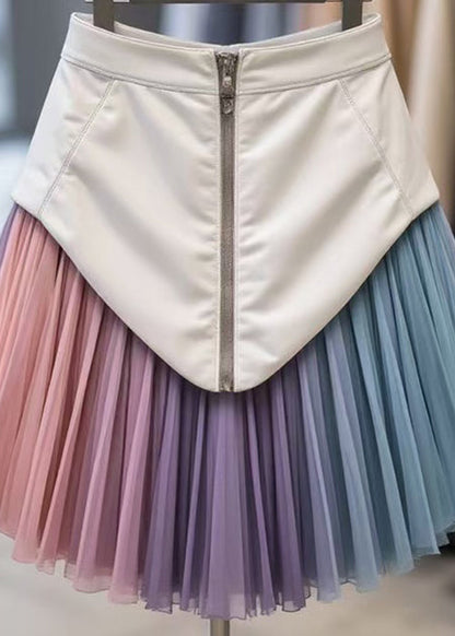 Unique Multicolor Zippered Tulle Patchwork Faux Leather Skirt Spring