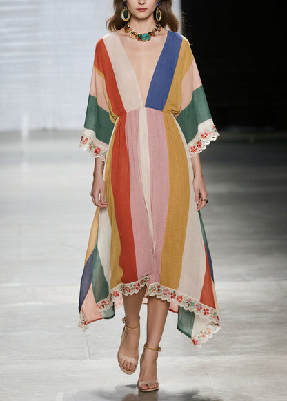 Unique Multicolored V Neck Lace Patchwork Cotton Dresses Summer