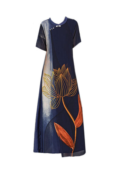 Unique Navy O-Neck Print Tulle Patchwork Silk Party Dress Short Sleeve