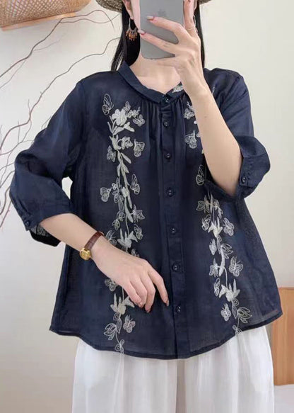 Unique Navy Oversized Butterfly Linen Shirts Bracelet Sleeve