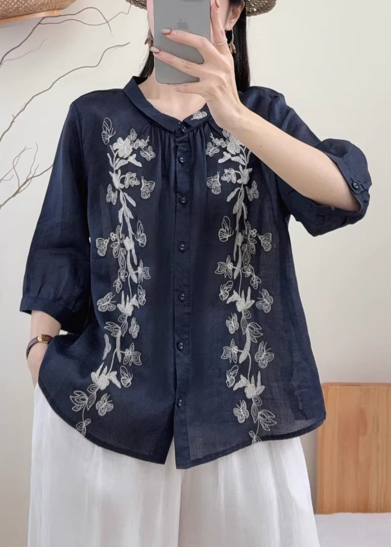 Unique Navy Oversized Butterfly Linen Shirts Bracelet Sleeve