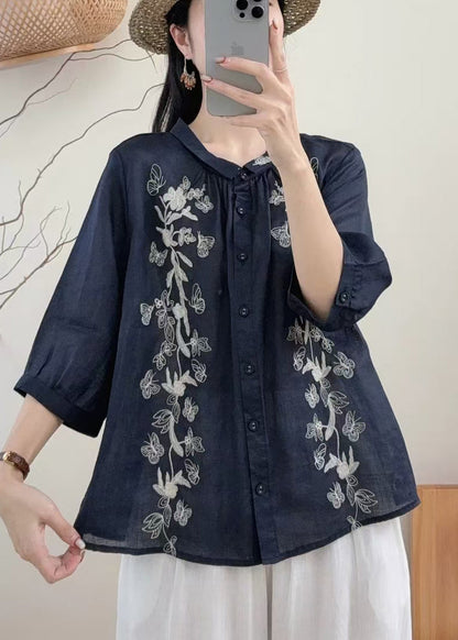 Unique Navy Oversized Butterfly Linen Shirts Bracelet Sleeve