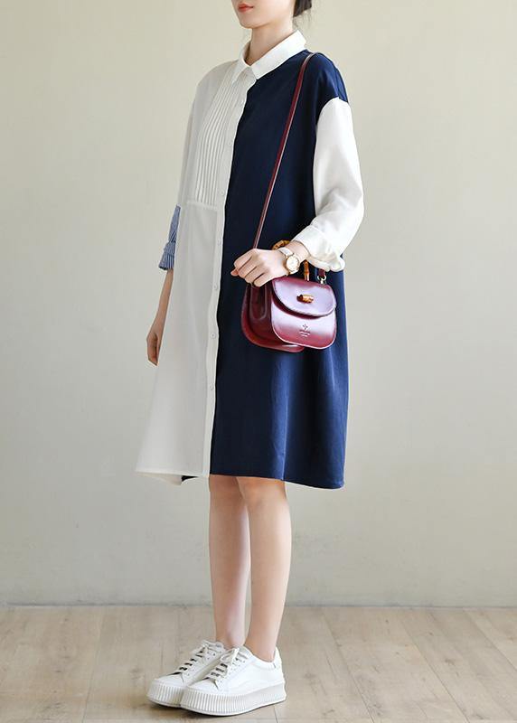 Unique Navy Patchwork White Peter Pan Collar Cotton Spring Mid Dress - SooLinen