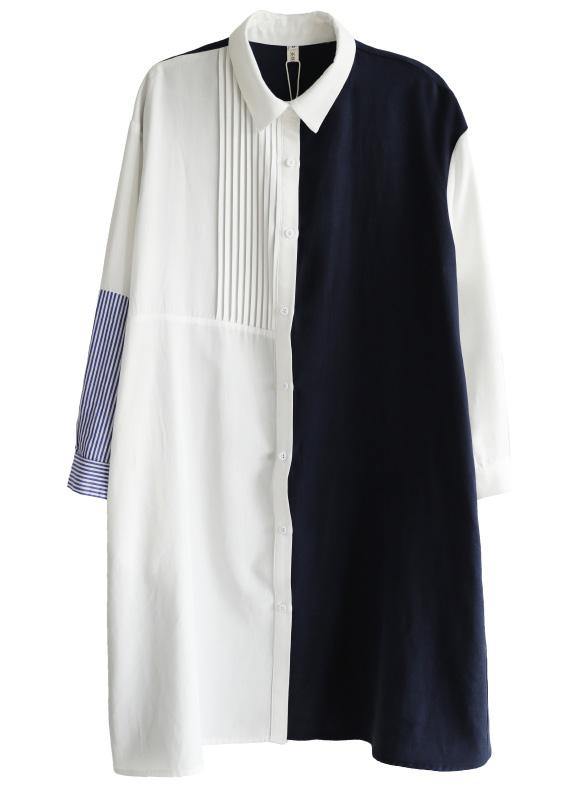 Unique Navy Patchwork White Peter Pan Collar Cotton Spring Mid Dress - SooLinen