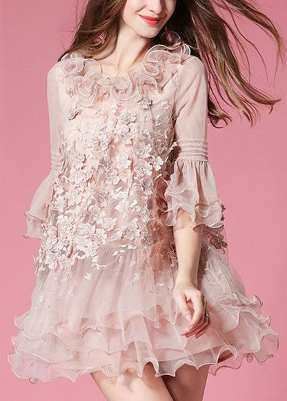 Unique Navy Ruffled Patchwork Tulle Mid Dress Half Sleeve