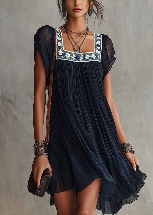 Unique Navy Square Collar Embroidered Chiffon Mini Dress Summer