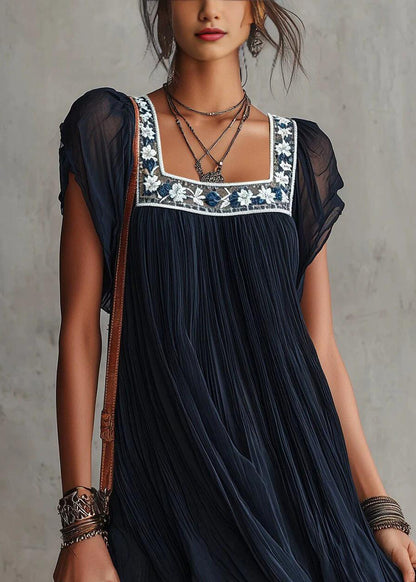 Unique Navy Square Collar Embroidered Chiffon Mini Dress Summer