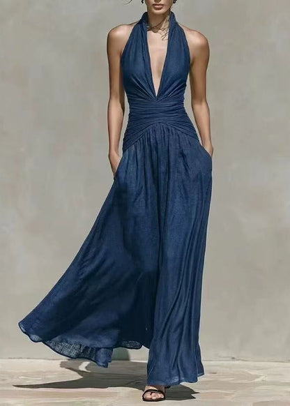 Unique Navy V Neck Halter Long Dresses Sleeveless