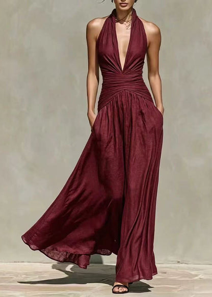 Unique Navy V Neck Halter Long Dresses Sleeveless