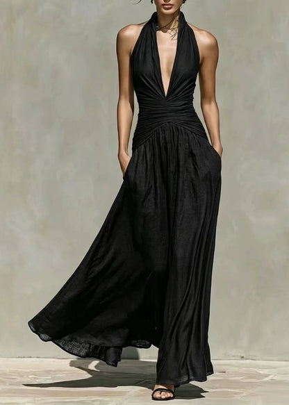 Unique Navy V Neck Halter Long Dresses Sleeveless