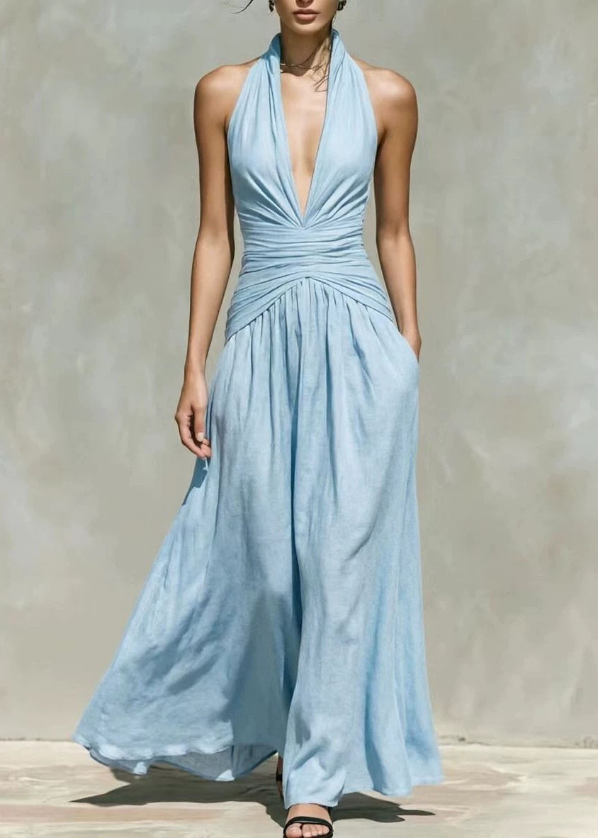 Unique Navy V Neck Halter Long Dresses Sleeveless