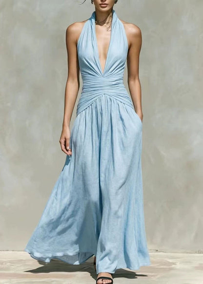 Unique Navy V Neck Halter Long Dresses Sleeveless