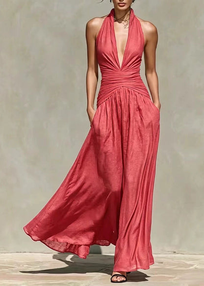 Unique Navy V Neck Halter Long Dresses Sleeveless