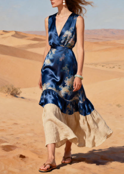 Unique Navy V Neck Patchwork Linen Silk Party Dress Summer