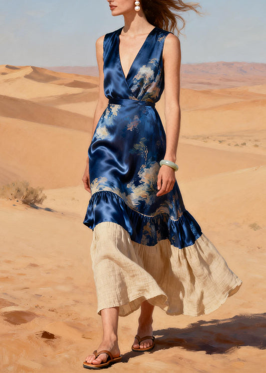 Unique Navy V Neck Patchwork Linen Silk Party Dress Summer