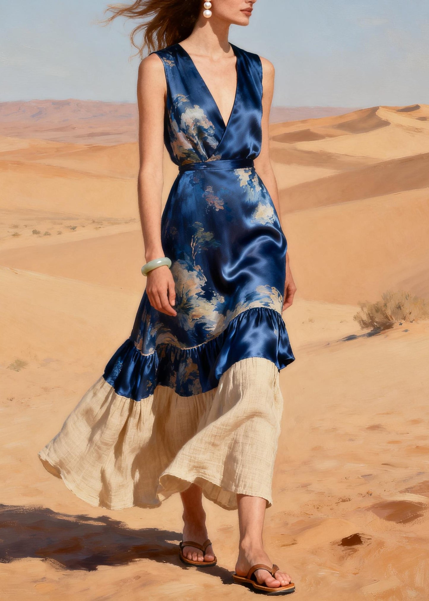Unique Navy V Neck Patchwork Linen Silk Party Dress Summer