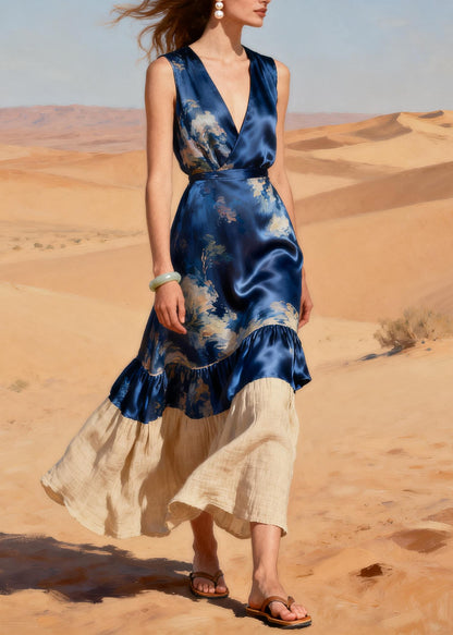 Unique Navy V Neck Patchwork Linen Silk Party Dress Summer