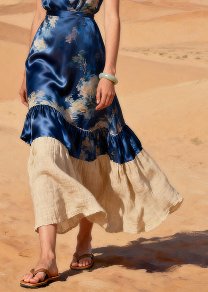 Unique Navy V Neck Patchwork Linen Silk Party Dress Summer