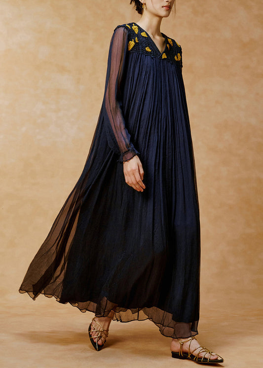 Unique Navy V Neck Wrinkled Handmade Hook Flower Long Dress Spring