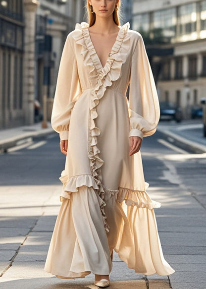 Unique Nude Asymmetrical Design Ruffled Chiffon Dress Spring
