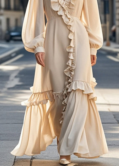 Unique Nude Asymmetrical Design Ruffled Chiffon Dress Spring