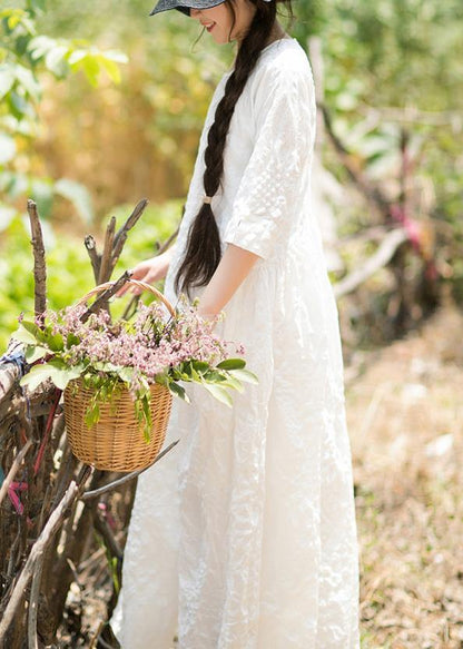 Unique O Neck Cinched Dress White Traveling Dresses - SooLinen