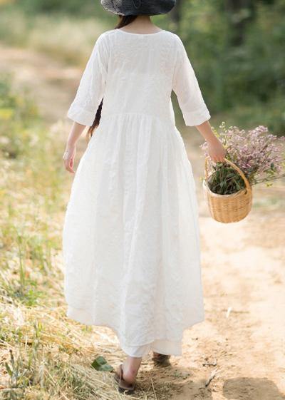 Unique O Neck Cinched Dress White Traveling Dresses - SooLinen