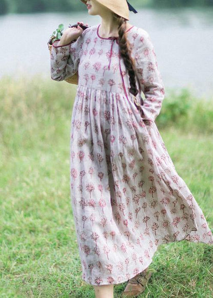 Unique O Neck Cinched Spring Quilting Clothes Tunic Floral Robe Dress - SooLinen