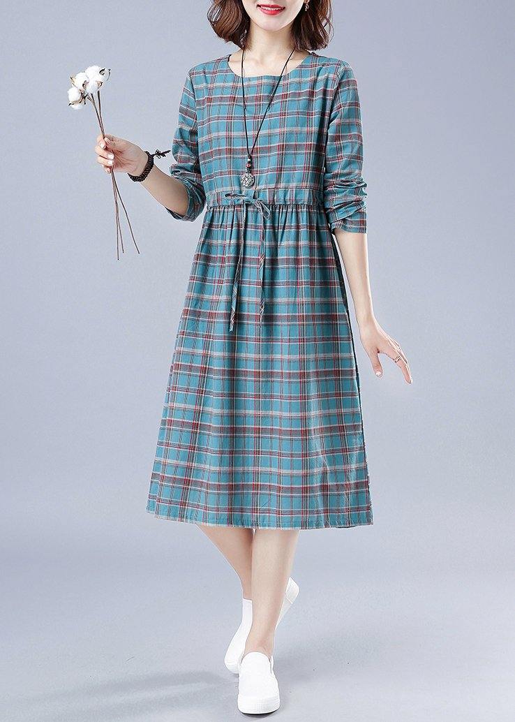 Unique O Neck Drawstring Spring Dress Runway Blue Plaid Dresses - SooLinen