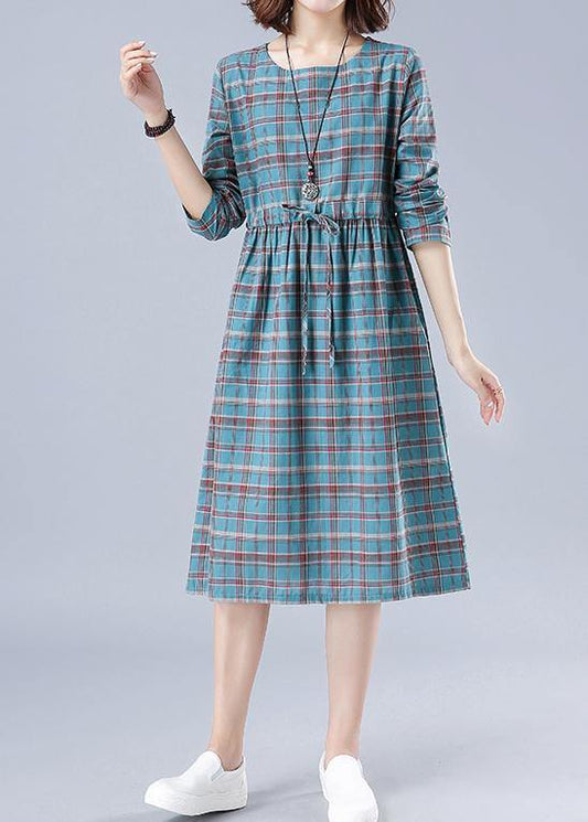 Unique O Neck Drawstring Spring Dress Runway Blue Plaid Dresses - SooLinen