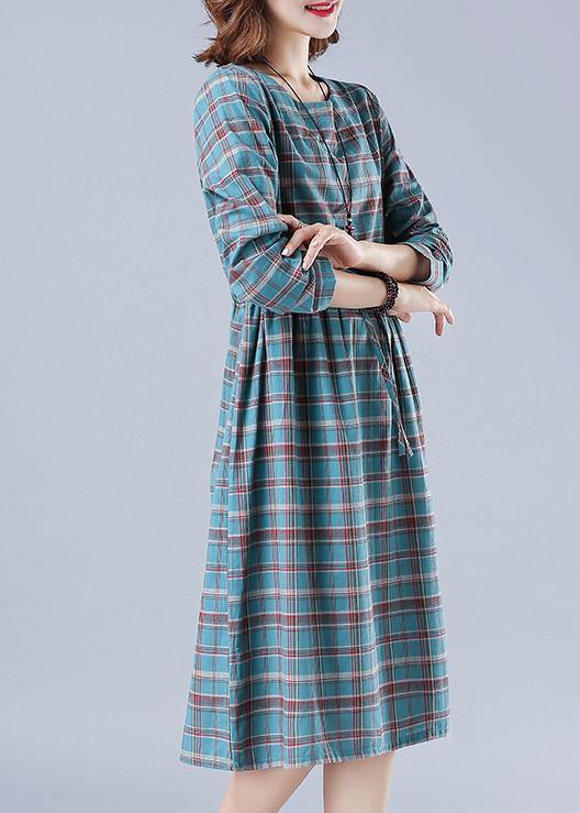 Unique O Neck Drawstring Spring Dress Runway Blue Plaid Dresses - SooLinen