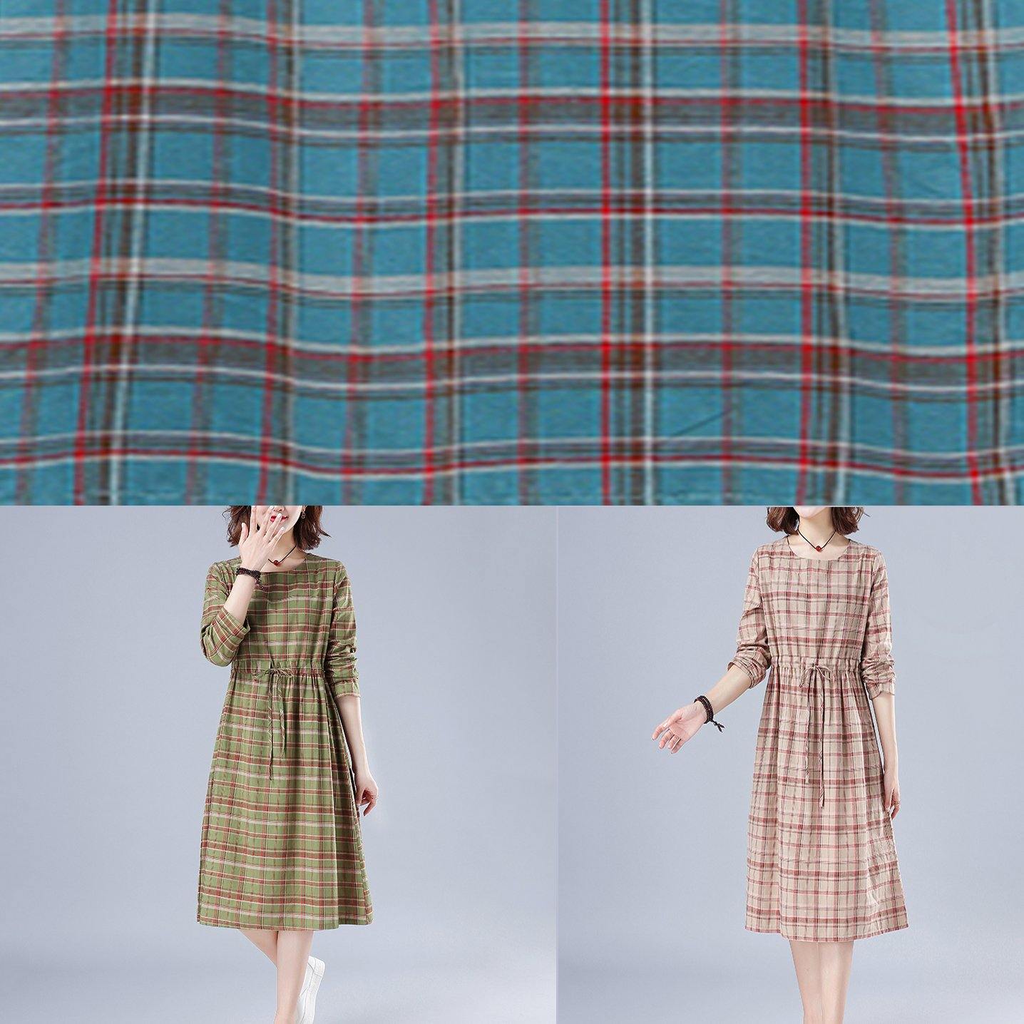 Unique O Neck Drawstring Spring Dress Runway Blue Plaid Dresses - SooLinen