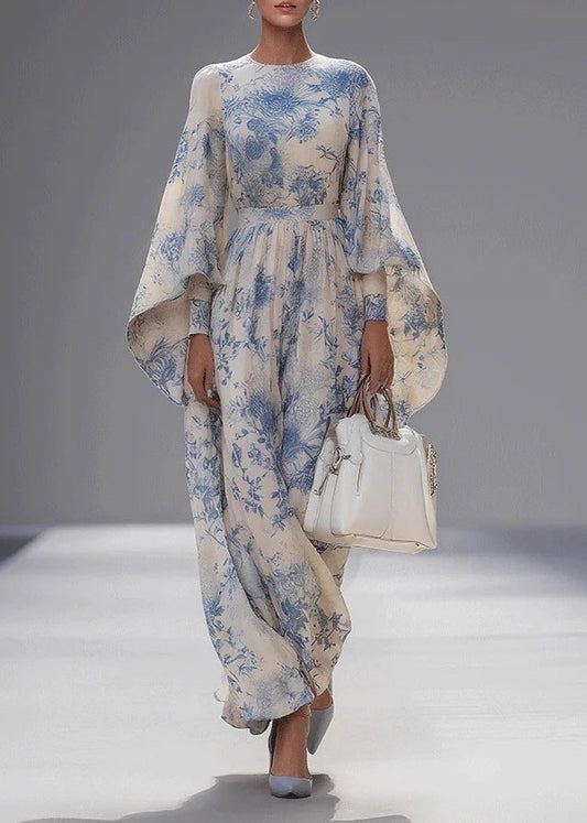 Unique O Neck Print Cotton Robe Dresses Flare Sleeve