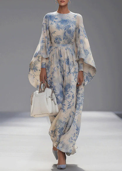 Unique O Neck Print Cotton Robe Dresses Flare Sleeve