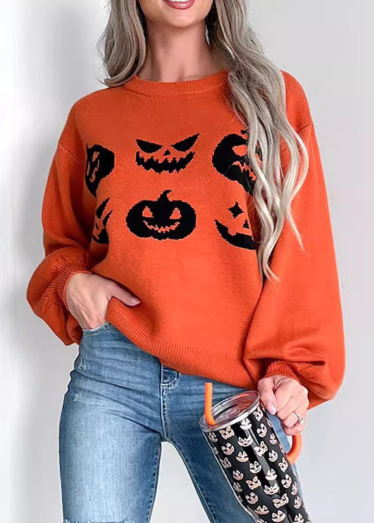 Unique Orange O-Neck Print Cotton Knit Sweaters Fall