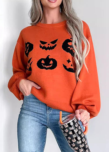 Unique Orange O-Neck Print Cotton Knit Sweaters Fall
