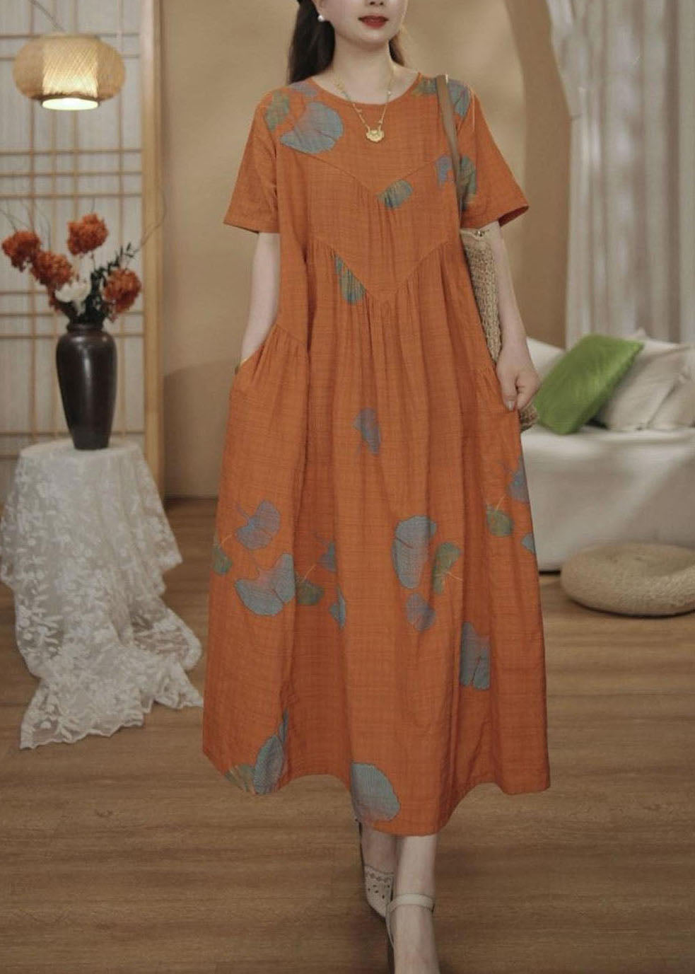 Unique Orange Oversized Print Cotton Maxi Dresses Summer
