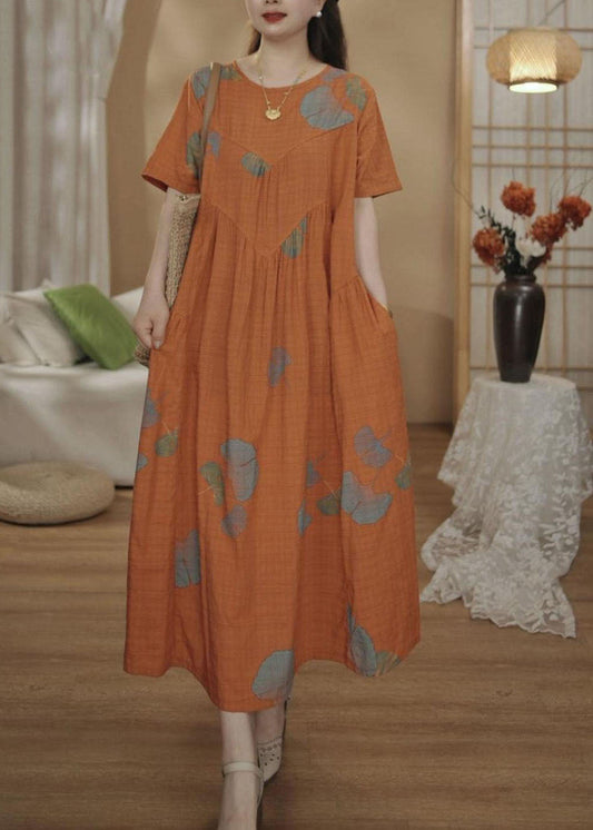 Unique Orange Oversized Print Cotton Maxi Dresses Summer