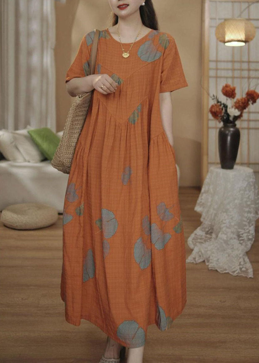 Unique Orange Oversized Print Cotton Maxi Dresses Summer