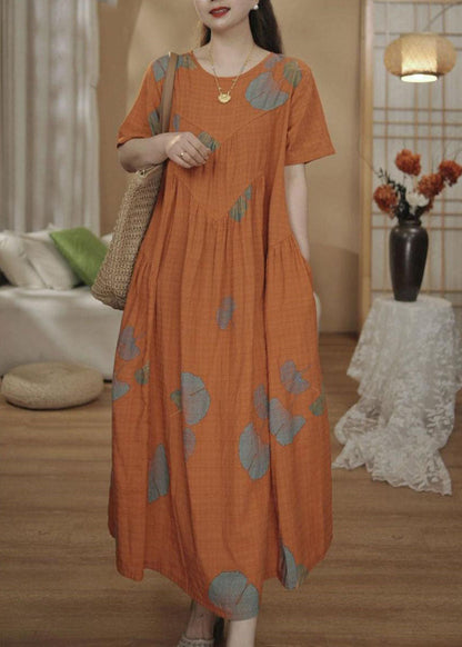 Unique Orange Oversized Print Cotton Maxi Dresses Summer