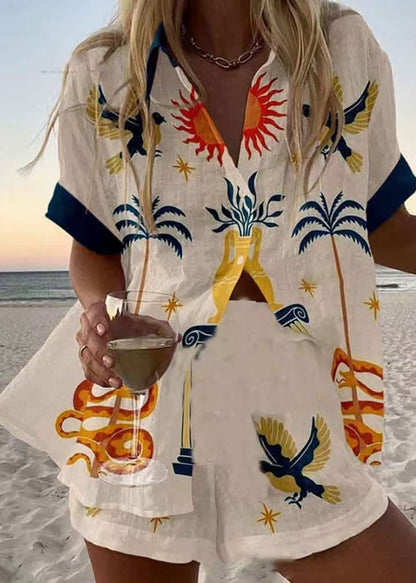 Unique Oversized Print Linen Women Sets 2 Pieces Summer