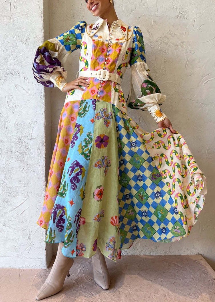 Unique Peter Pan Collar Button Print Patchwork Linen Maxi Dresses Spring