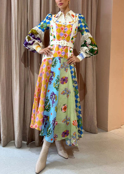 Unique Peter Pan Collar Button Print Patchwork Linen Maxi Dresses Spring