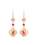 Unique Pink Copper Overgild Jade Enamel Lotus Floral Drop Earrings