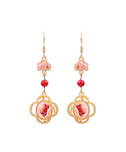 Unique Pink Copper Overgild Jade Enamel Lotus Floral Drop Earrings