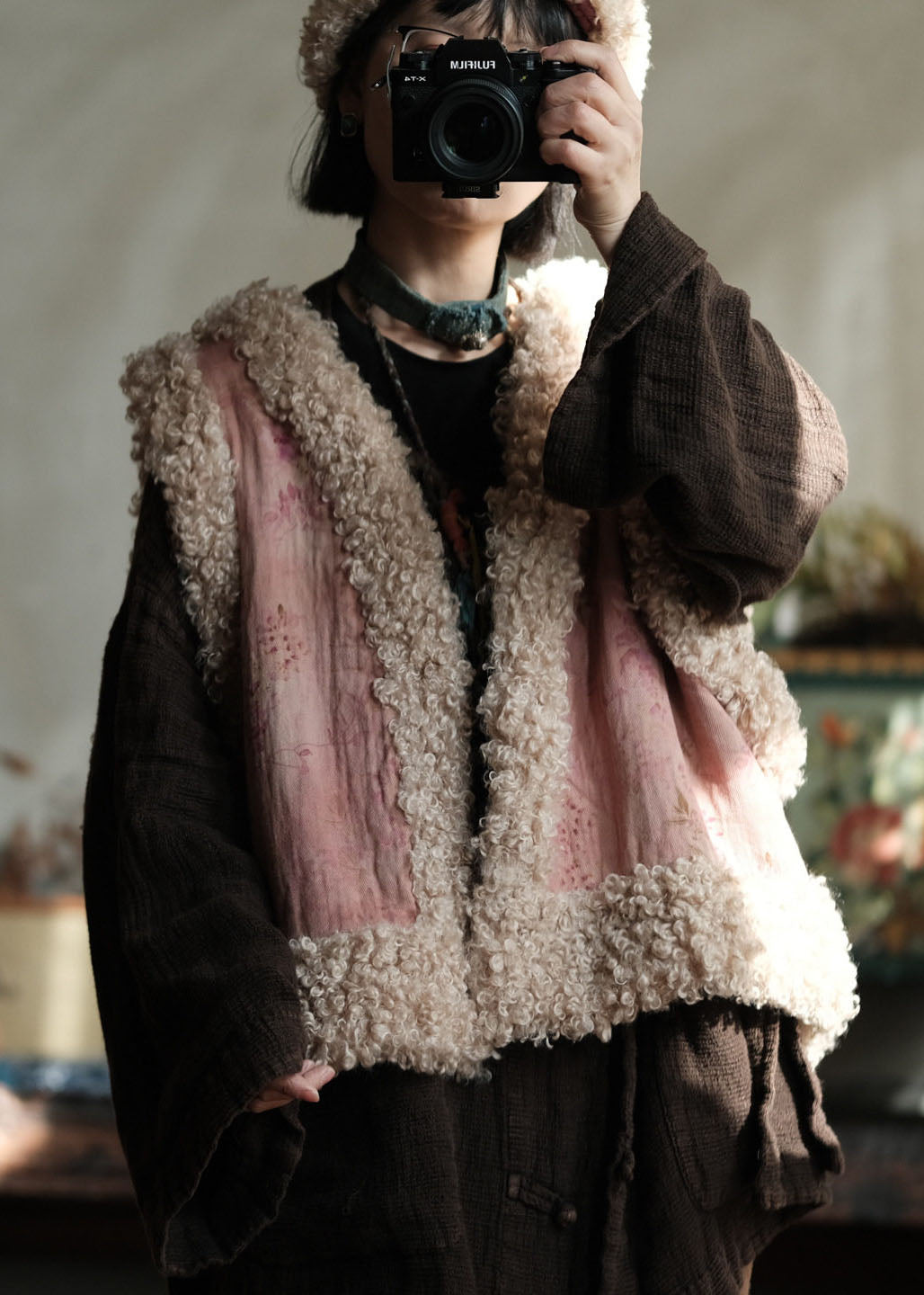 Unique Pink Faux Fur Patchwork Fine Cotton Filled Vest Sleeveless
