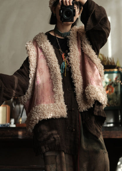 Unique Pink Faux Fur Patchwork Fine Cotton Filled Vest Sleeveless